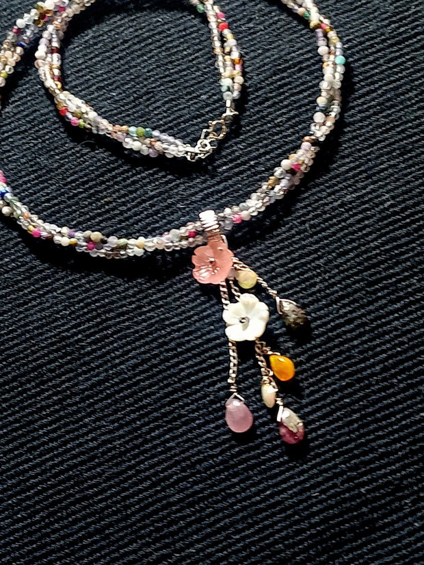 Colier argint X3 opal de foc etiopian turmalina briolete mixt pietre semipretioase sidef flori gravate lant argint minimalist boho chic trendy