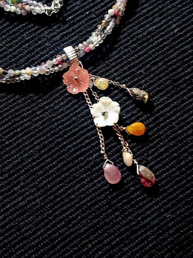 Colier argint X3 opal de foc etiopian turmalina briolete mixt pietre semipretioase sidef flori gravate lant argint minimalist boho chic trendy