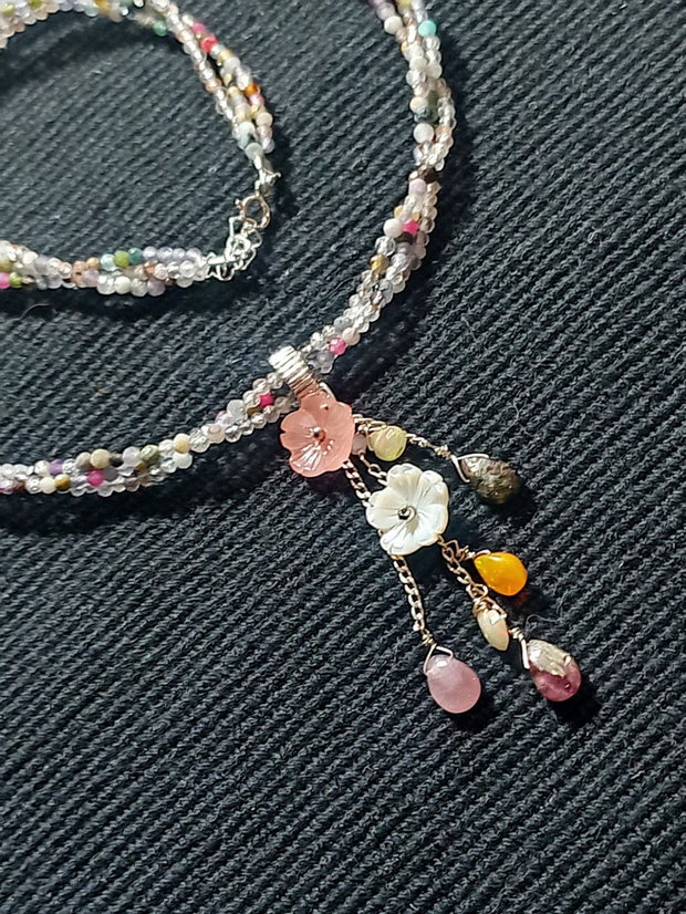 Colier argint X3 opal de foc etiopian turmalina briolete mixt pietre semipretioase sidef flori gravate lant argint minimalist boho chic trendy