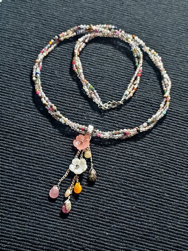 Colier argint X3 opal de foc etiopian turmalina briolete mixt pietre semipretioase sidef flori gravate lant argint minimalist boho chic trendy