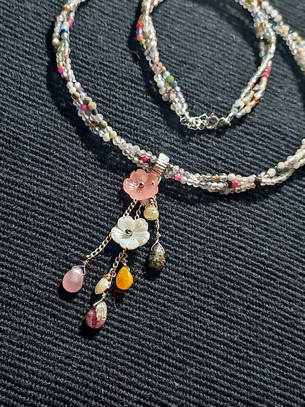 Colier argint X3 opal de foc etiopian turmalina briolete mixt pietre semipretioase sidef flori gravate lant argint minimalist boho chic trendy