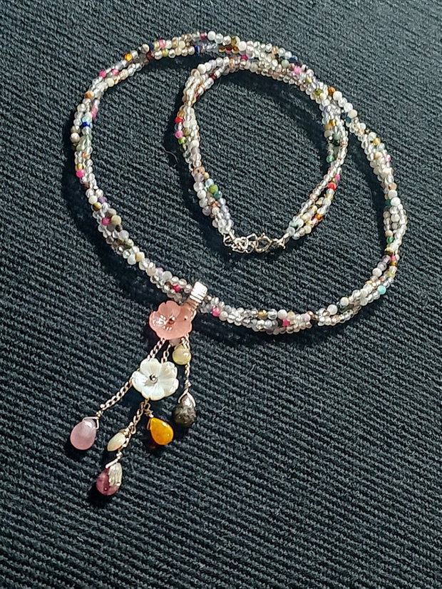 Colier argint X3 opal de foc etiopian turmalina briolete mixt pietre semipretioase sidef flori gravate lant argint minimalist boho chic trendy