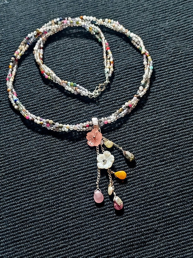 Colier argint X3 opal de foc etiopian turmalina briolete mixt pietre semipretioase sidef flori gravate lant argint minimalist boho chic trendy