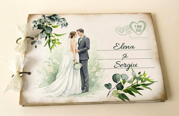 Guestbook de nuntă personalizat cu miri si eucalipt