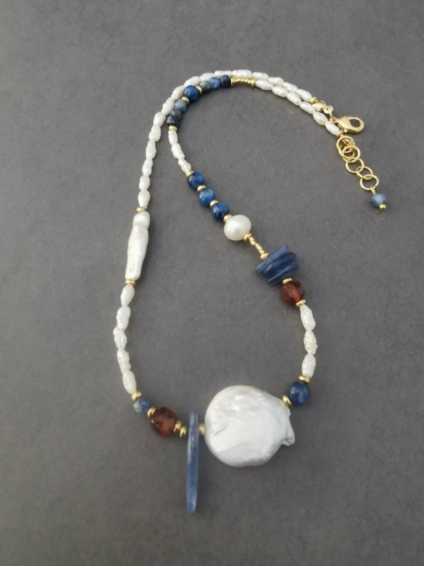 Colier kyanite, perle de cultura si granat CP56