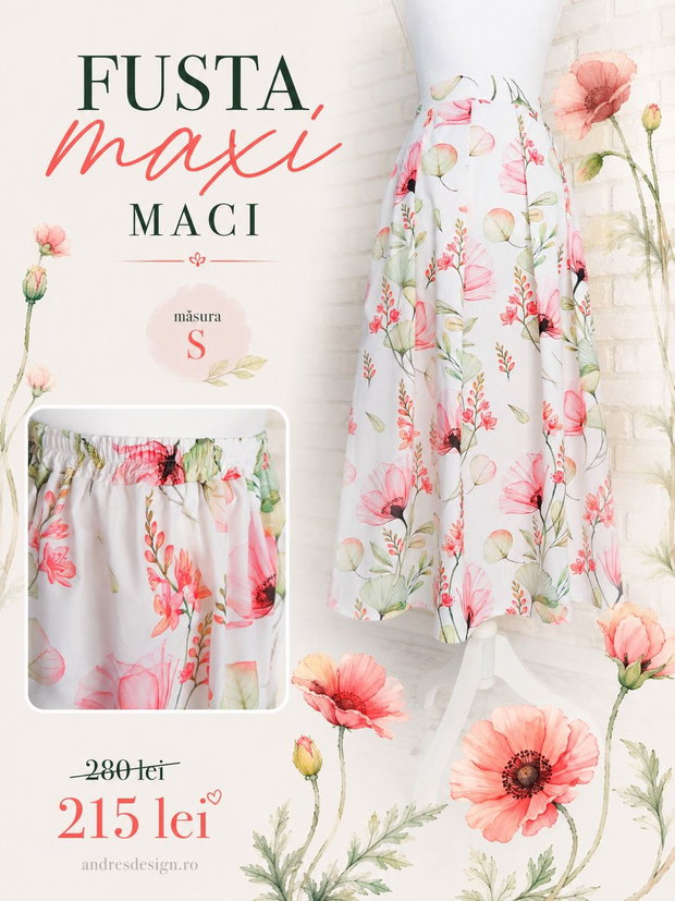Fusta Plisata cu Talie Elastica Imprimeu Maci (masura S in stoc)