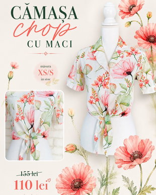Camasa Crop cu Nod Imprimeu Maci (masura XS/S in stoc)