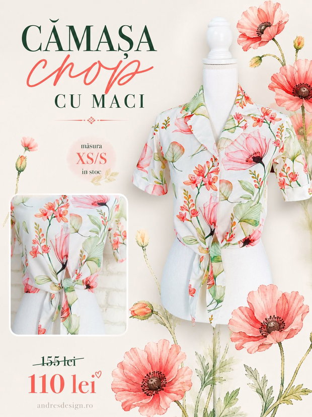 Camasa Crop cu Nod Imprimeu Maci (masura XS/S in stoc)