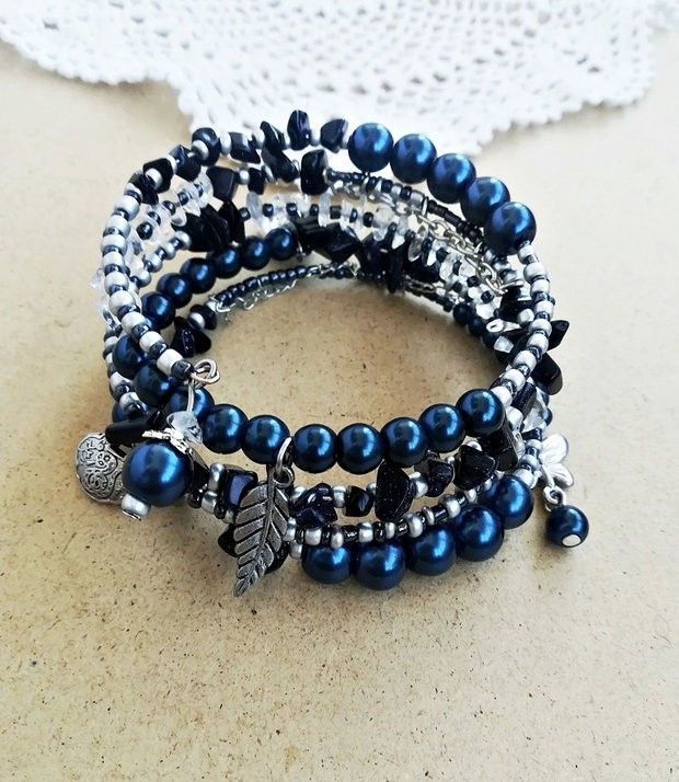 bratara boho spirala bleumarin cu pietre si perle