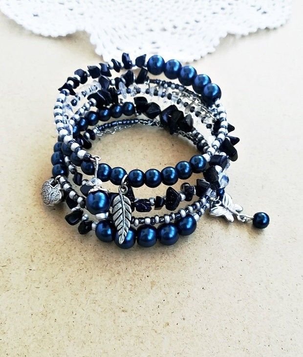 bratara boho spirala bleumarin cu pietre si perle