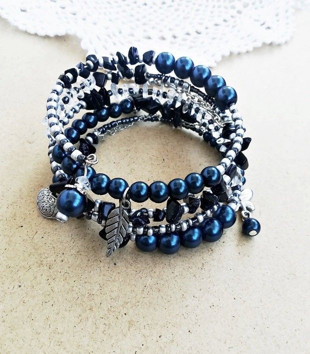 bratara boho spirala bleumarin cu pietre si perle