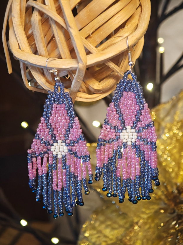 Cercei unicat Boho lungi margareta lila din mărgele sticla Cehia