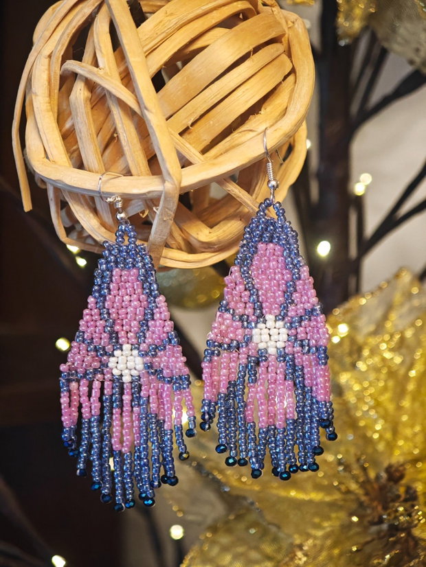 Cercei unicat Boho lungi margareta lila din mărgele sticla Cehia
