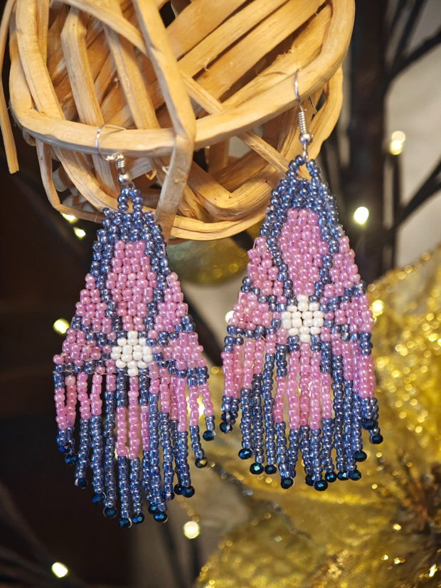 Cercei unicat Boho lungi margareta lila din mărgele sticla Cehia