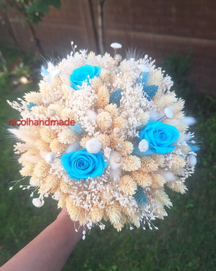 Buchet mireasa alb/albastru