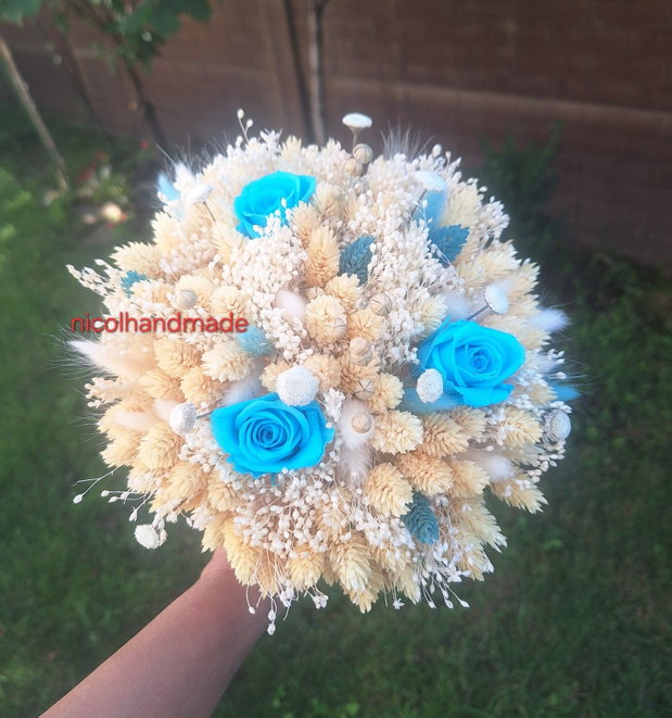 Buchet mireasa alb/albastru