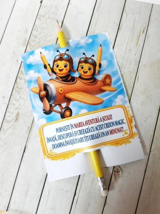 Card personalizat cu creion, cadou prima zi de scoala - tema albinute
