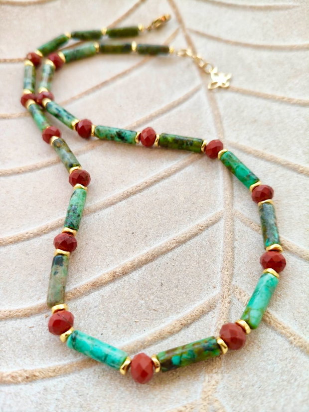 Colier CHOKER turcoaz african, hematit & jasp roșu