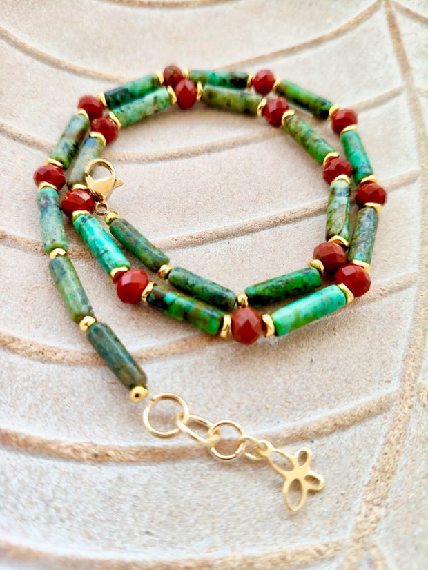 Colier CHOKER turcoaz african, hematit & jasp roșu