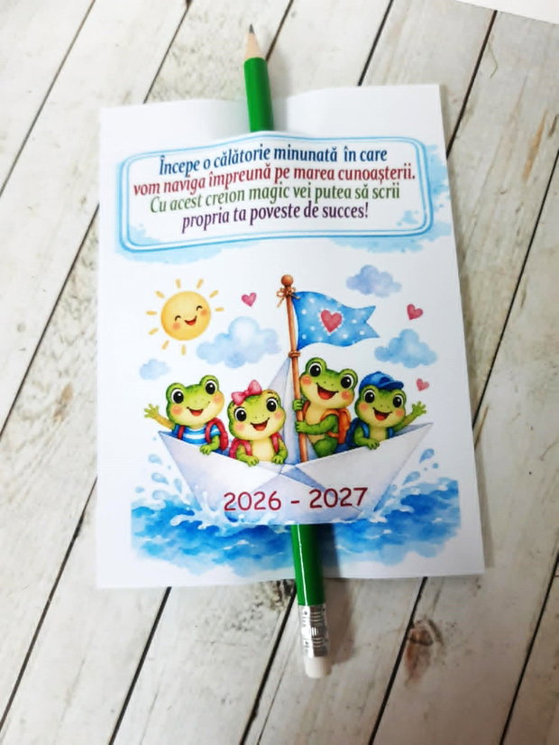 Card personalizat cu creione, cadou pentru prima si de zi de scoala - tema broscute