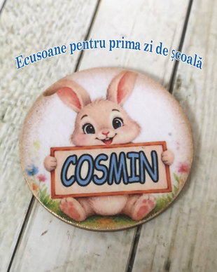 Insigne / ecusoane personalizate pentru prima zi de scoala - tema iepurasi
