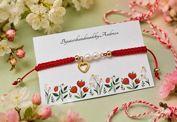 Bratara snur cu perle de cultura si charm inima inox auriu