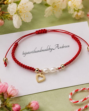 Bratara snur cu perle de cultura si charm inima inox auriu
