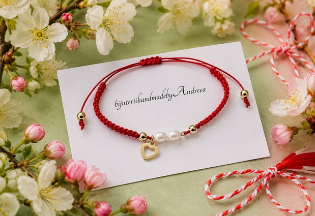 Bratara snur cu perle de cultura si charm inima inox auriu