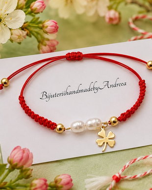 Bratara snur cu perle de cultura si charm trifoi model 1 inox auriu