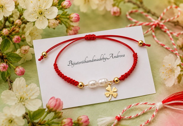 Bratara snur cu perle de cultura si charm trifoi model 1 inox auriu