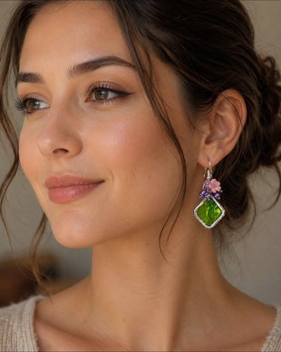 Cercei unicat sticla și perle Swarovski roz-verde