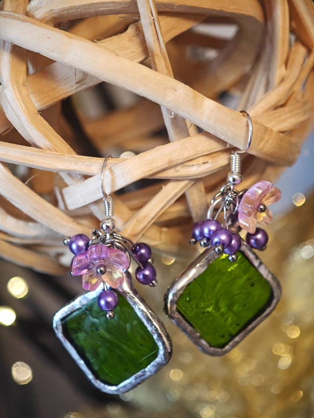 Cercei unicat sticla și perle Swarovski roz-verde