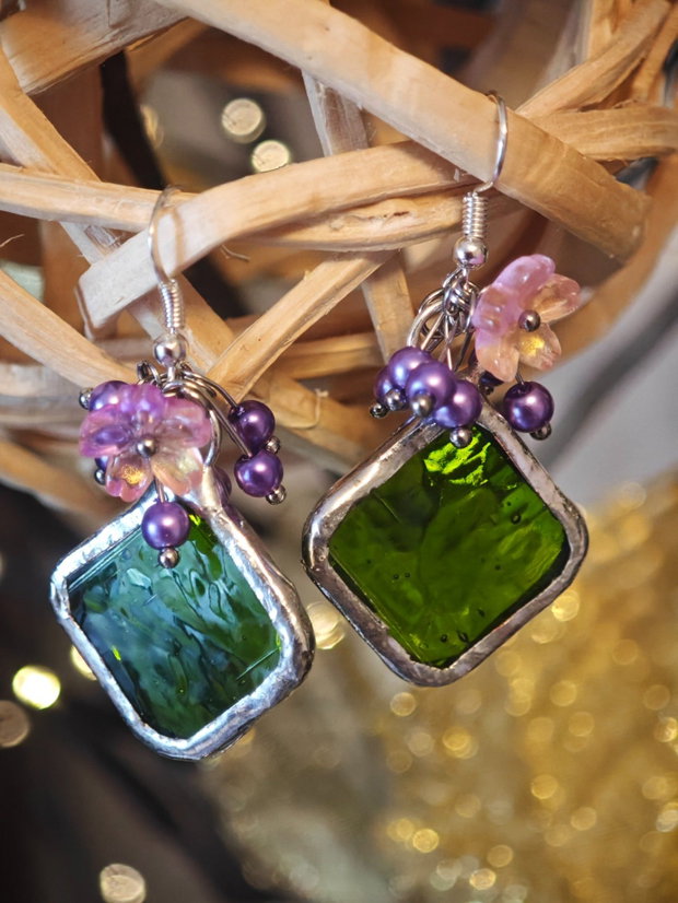 Cercei unicat sticla și perle Swarovski roz-verde