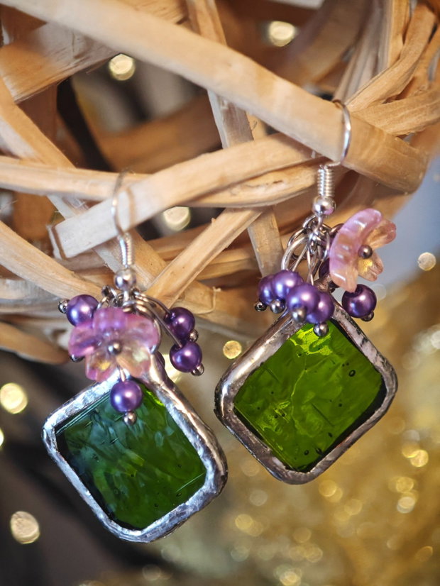 Cercei unicat sticla și perle Swarovski roz-verde