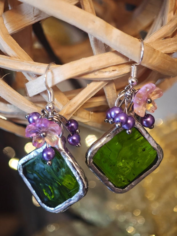 Cercei unicat sticla și perle Swarovski roz-verde