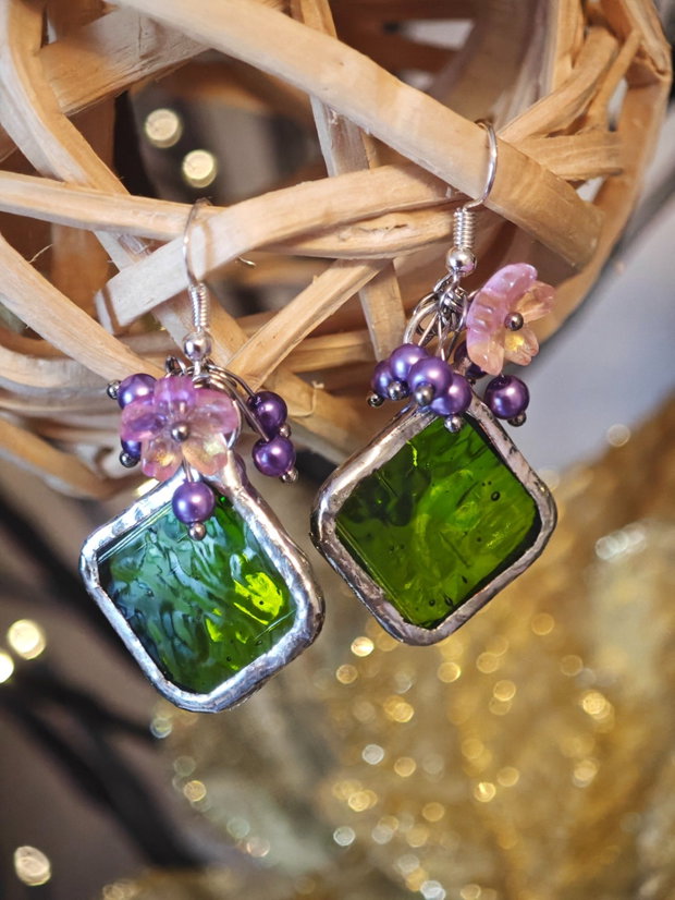 Cercei unicat sticla și perle Swarovski roz-verde