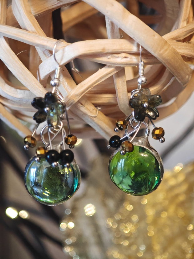 Cercei unicat sticla și perle Swarovski negru-verde