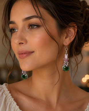 Cercei unicat lungi sticla și perle Swarovski roz - verde