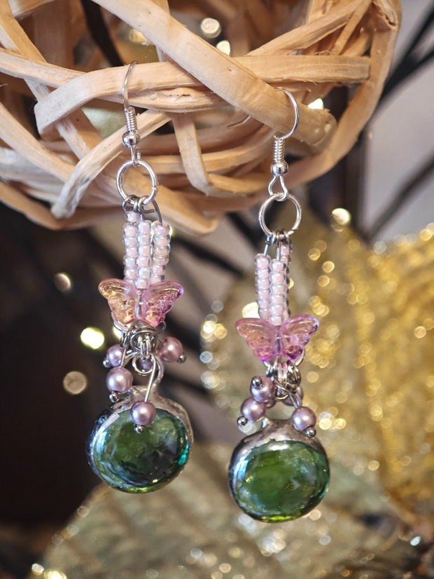 Cercei unicat lungi sticla și perle Swarovski roz - verde