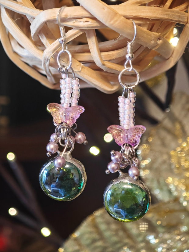 Cercei unicat lungi sticla și perle Swarovski roz - verde