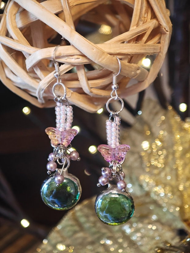 Cercei unicat lungi sticla și perle Swarovski roz - verde