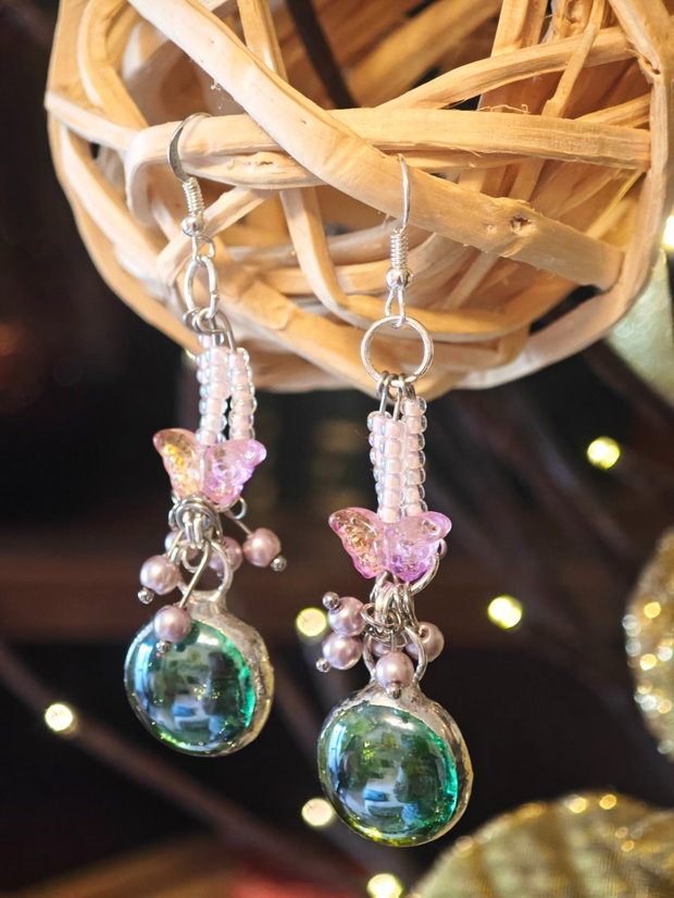 Cercei unicat lungi sticla și perle Swarovski roz - verde