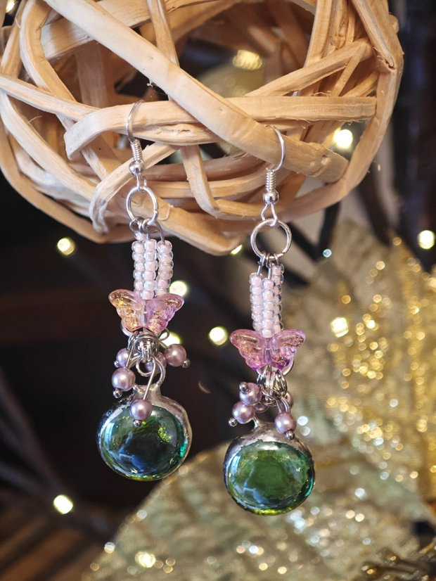 Cercei unicat lungi sticla și perle Swarovski roz - verde