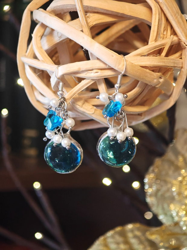 Cercei unicat lungi sticla și perle Swarovski bleo - alb