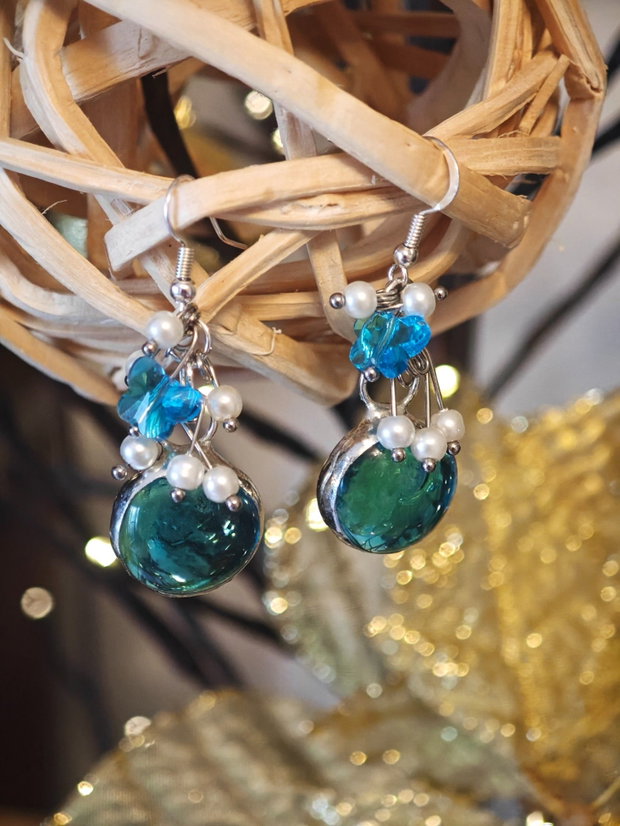 Cercei unicat lungi sticla și perle Swarovski bleo - alb