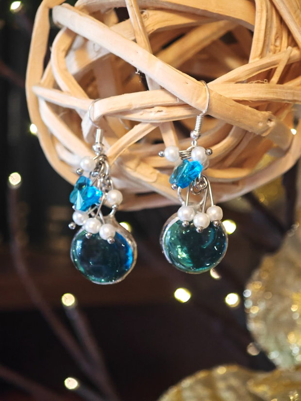 Cercei unicat lungi sticla și perle Swarovski bleo - alb