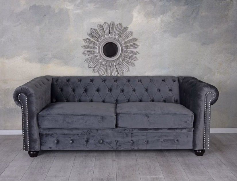 Sofa Chesterfield din lemn masiv cu tapiterie gri soarece