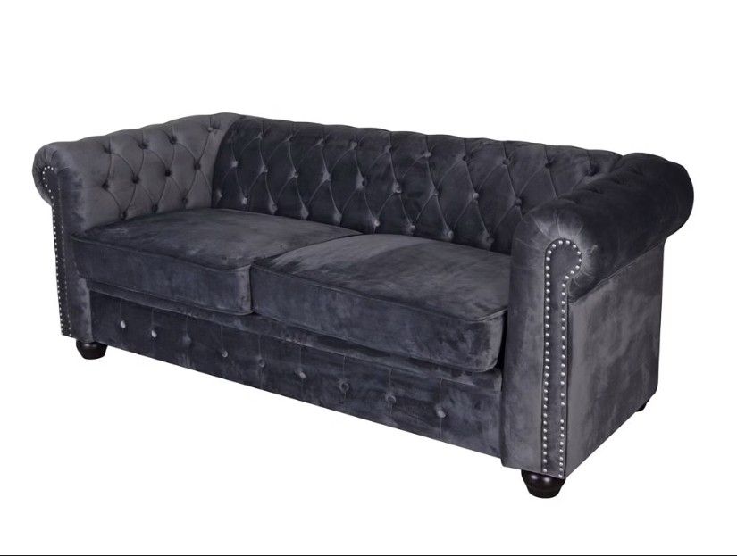 Sofa Chesterfield din lemn masiv cu tapiterie gri soarece