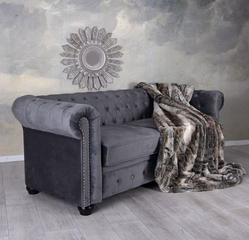 Sofa Chesterfield din lemn masiv cu tapiterie gri soarece
