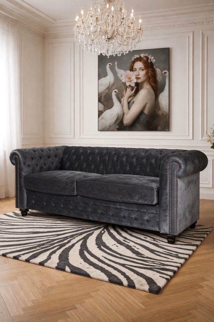 Sofa Chesterfield din lemn masiv cu tapiterie gri soarece